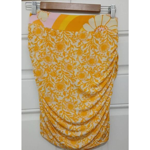 Free People womens medium ruched smocked mini skirt yellow pink - Picture 3 of 7